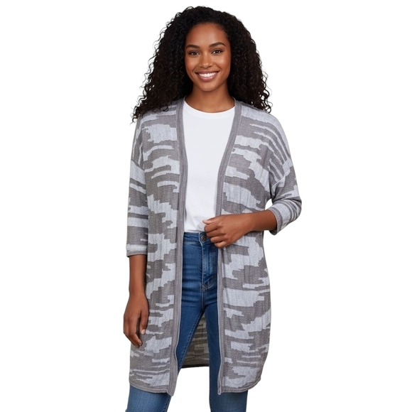 Chicos Easy Wear Women L Taupe Lighweight Open Cardigan Abstract Geometric Print - Picture 1 of 8